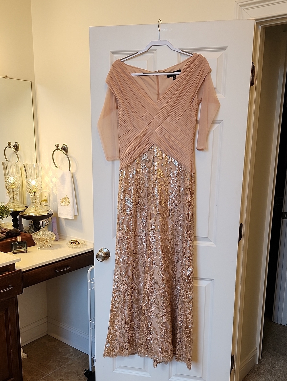 Tadashi Shoji Blush Pink Sequin Lace Maxi Dress